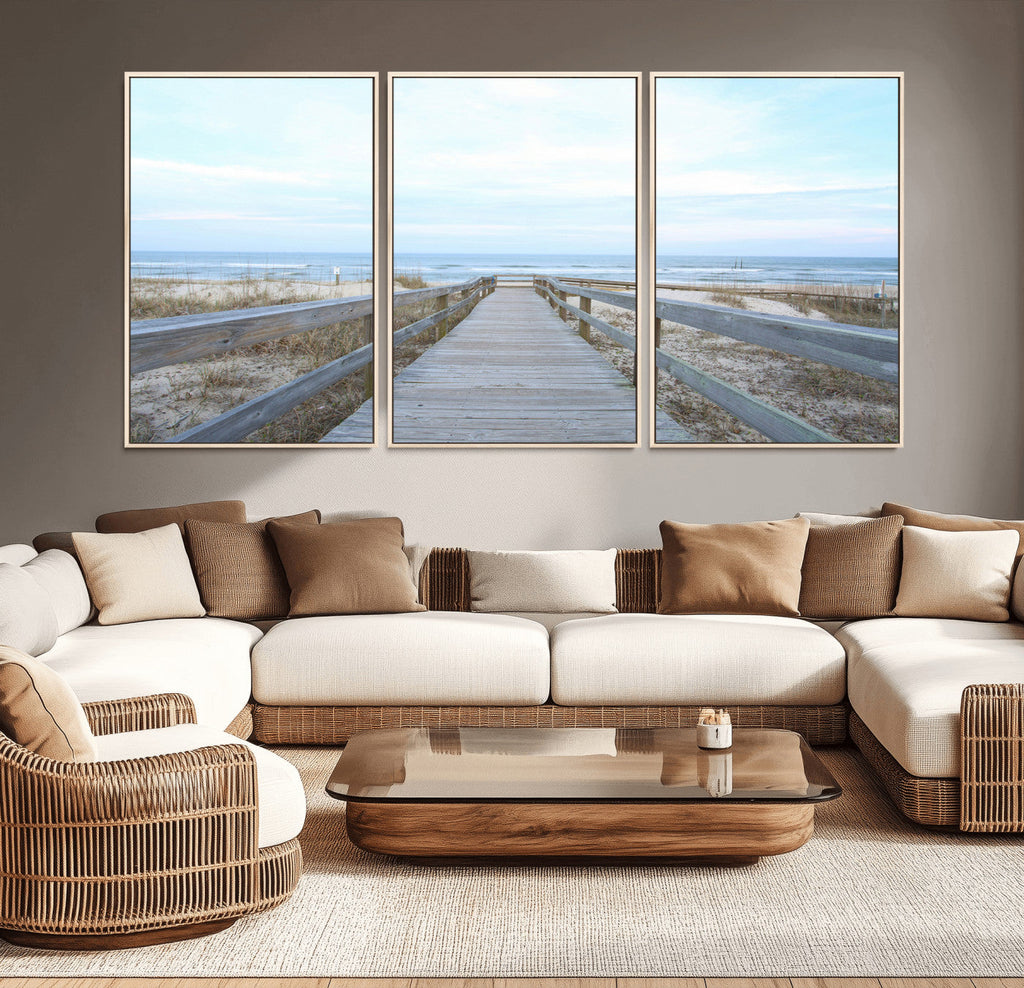 Beach Boardwalk Wall Art Canvas Print, Framed Coastal Serenity Ocean View