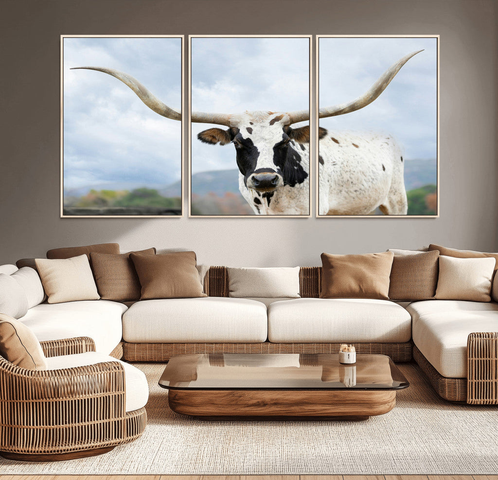 Texas Longhorn Wall Art Canvas Print, Framed Western Rustic Farmhouse