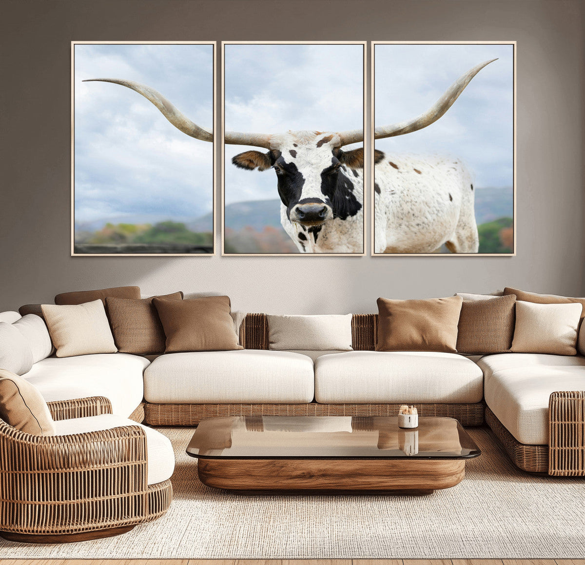 Texas Longhorn Wall Art Canvas Print, Framed Western Rustic Farmhouse
