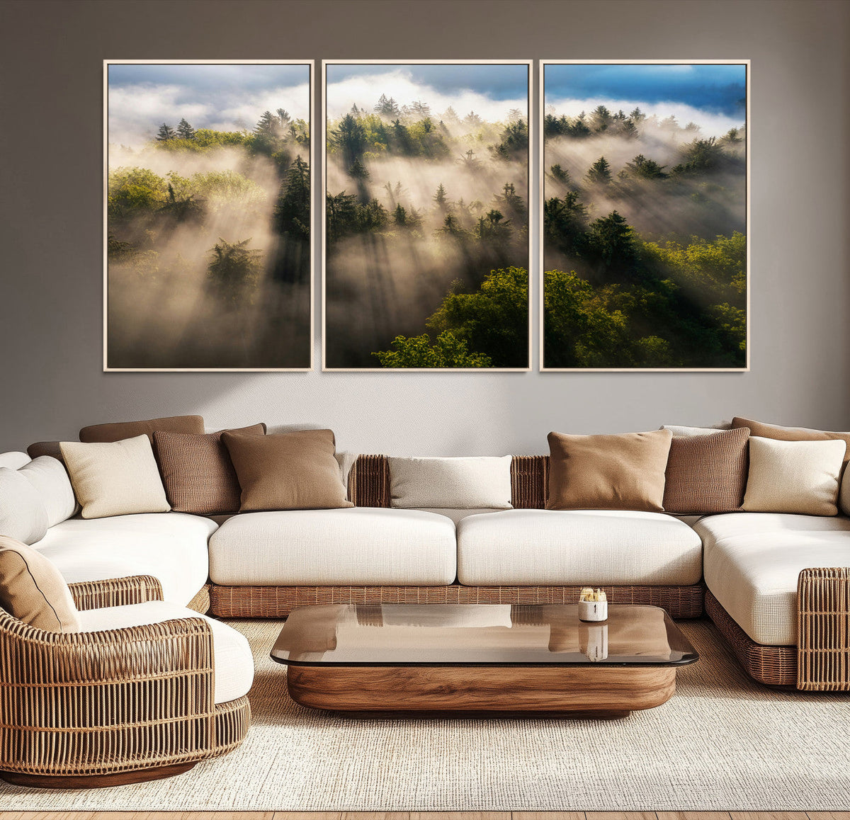 Tranquil Forest Scene Wall Art Canvas Print, Framed Moody Sunbeam Through Trees
