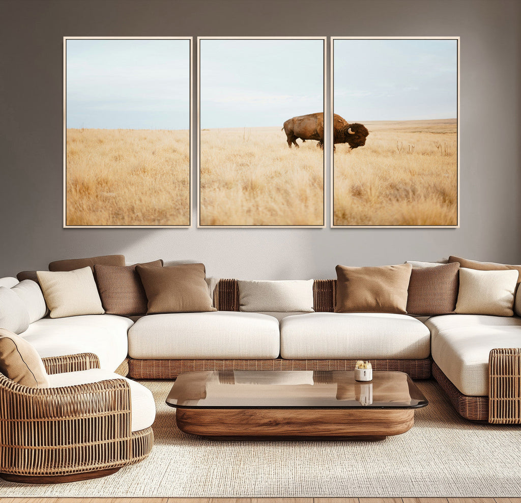 Buffalo Wall Art Canvas Print, Framed Western Wildlife Rustic Prairie Scene