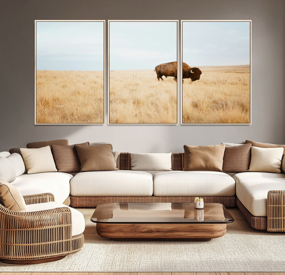 Buffalo Wall Art Canvas Print, Framed Western Wildlife Rustic Prairie Scene