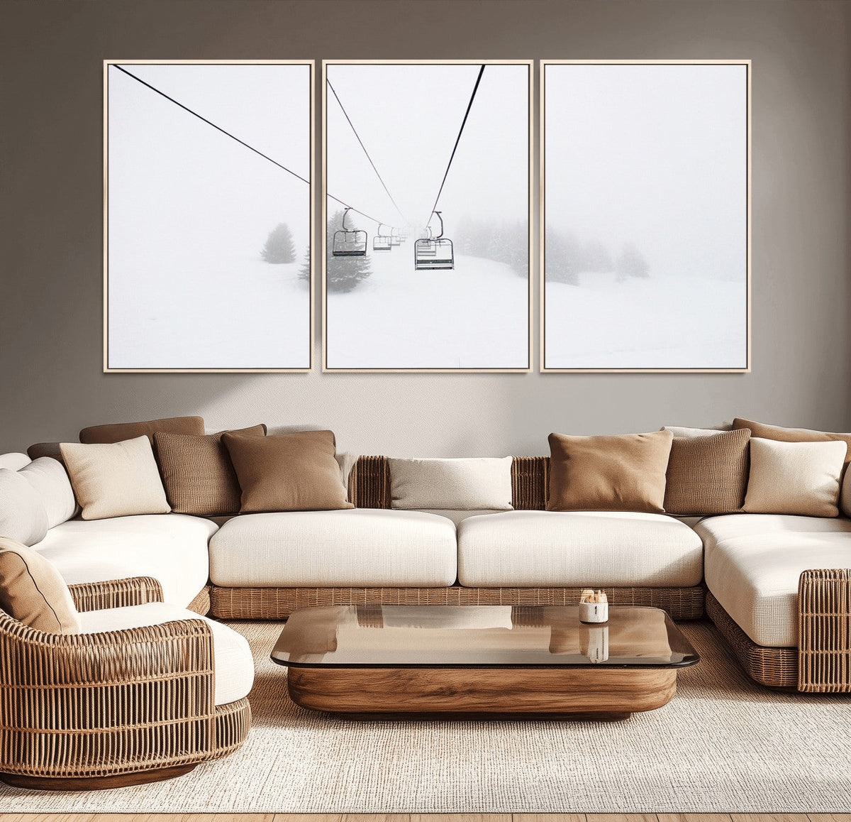Ski Lift Wall Art Canvas Print, Framed Snowy Landscape Art, Alpine Adventure Nordic Minimalist Decor