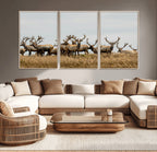 Elk Herd Wall Art Canvas Print, Framed Wildlife Photography Art, Majestic Antlers Rustic Wildlife Decor