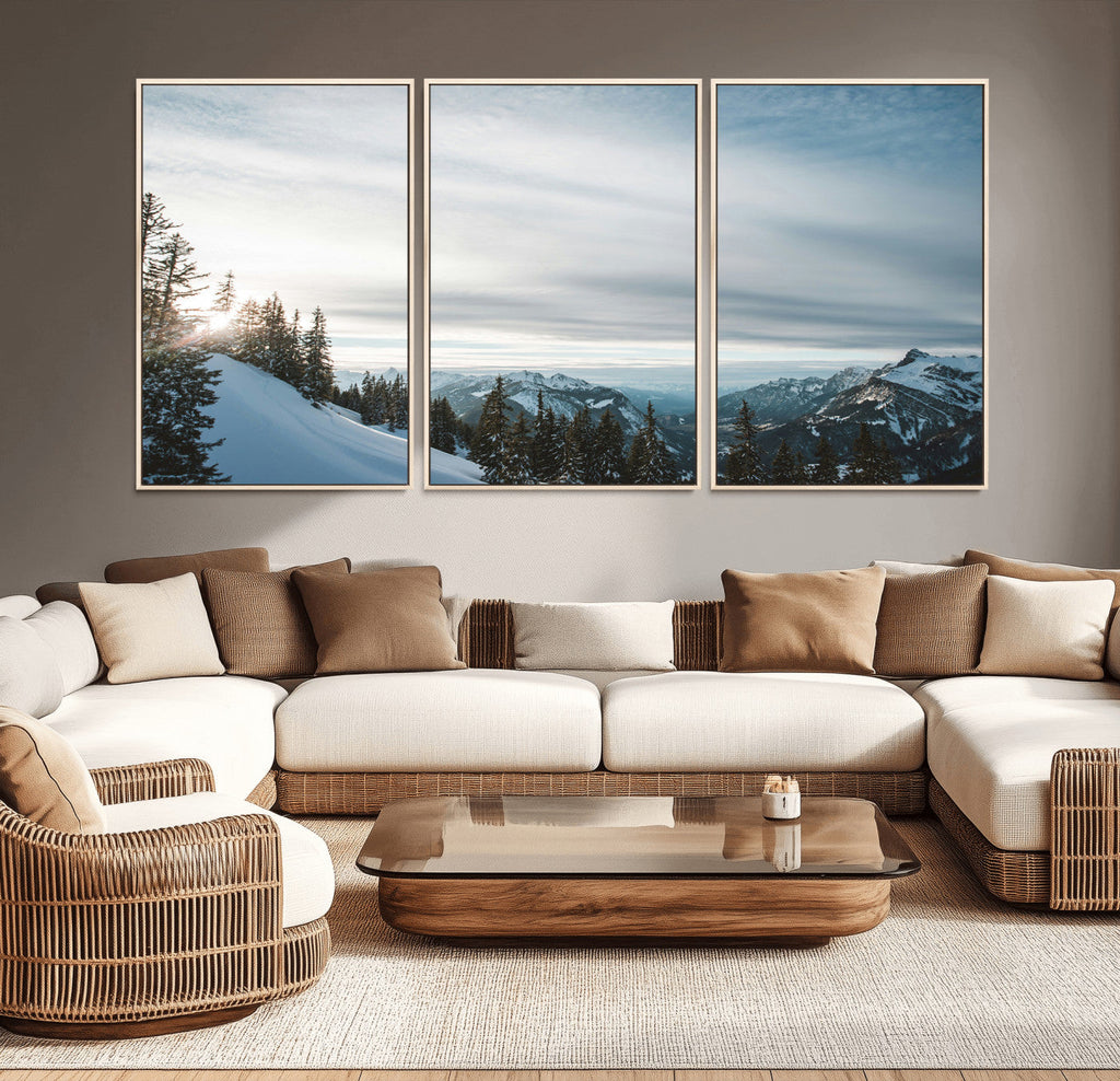 Snowy Mountains Wall Art Canvas Print, Framed Alpine Landscape Frosty Peaks Artwork
