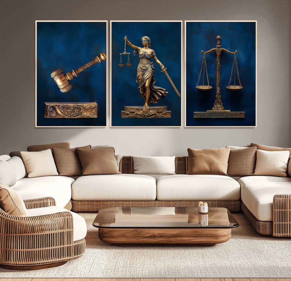 Lady Justice Wall Art Canvas Print, Elegant Gold Legal Symbols on Blue, Law Office Decor
