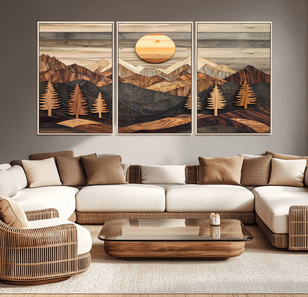 Wooden Mountain Layers Art | Rustic Pine Tree Landscape