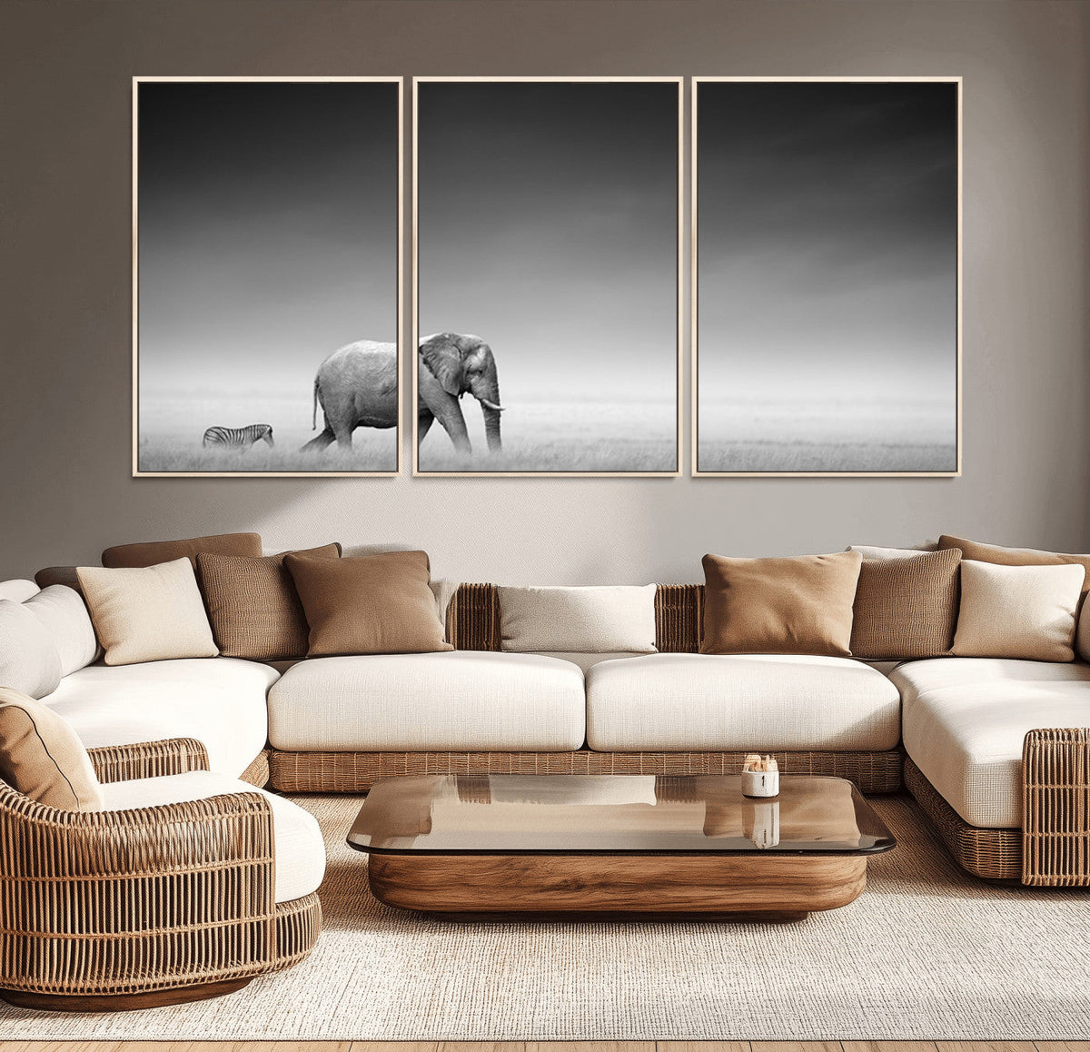 Elephant and Zebra Wall Art Canvas Print, Modern Artwork