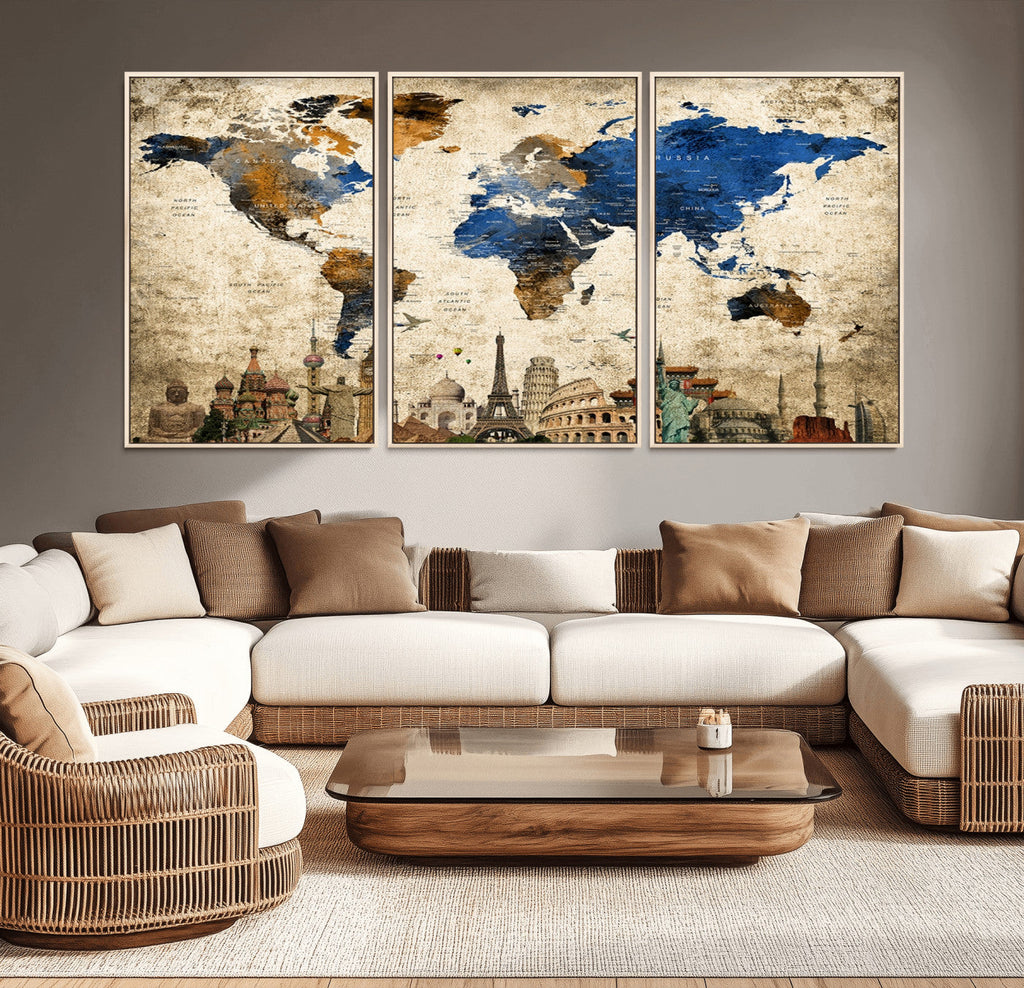 World Map Canvas Print | Vintage Blue and Gold World Map Wall Art