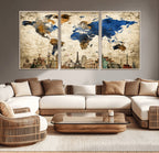 World Map Canvas Print | Vintage Blue and Gold World Map Wall Art