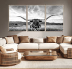 Longhorn Black and White Wall Art | Rustic Western Bull Canvas Print