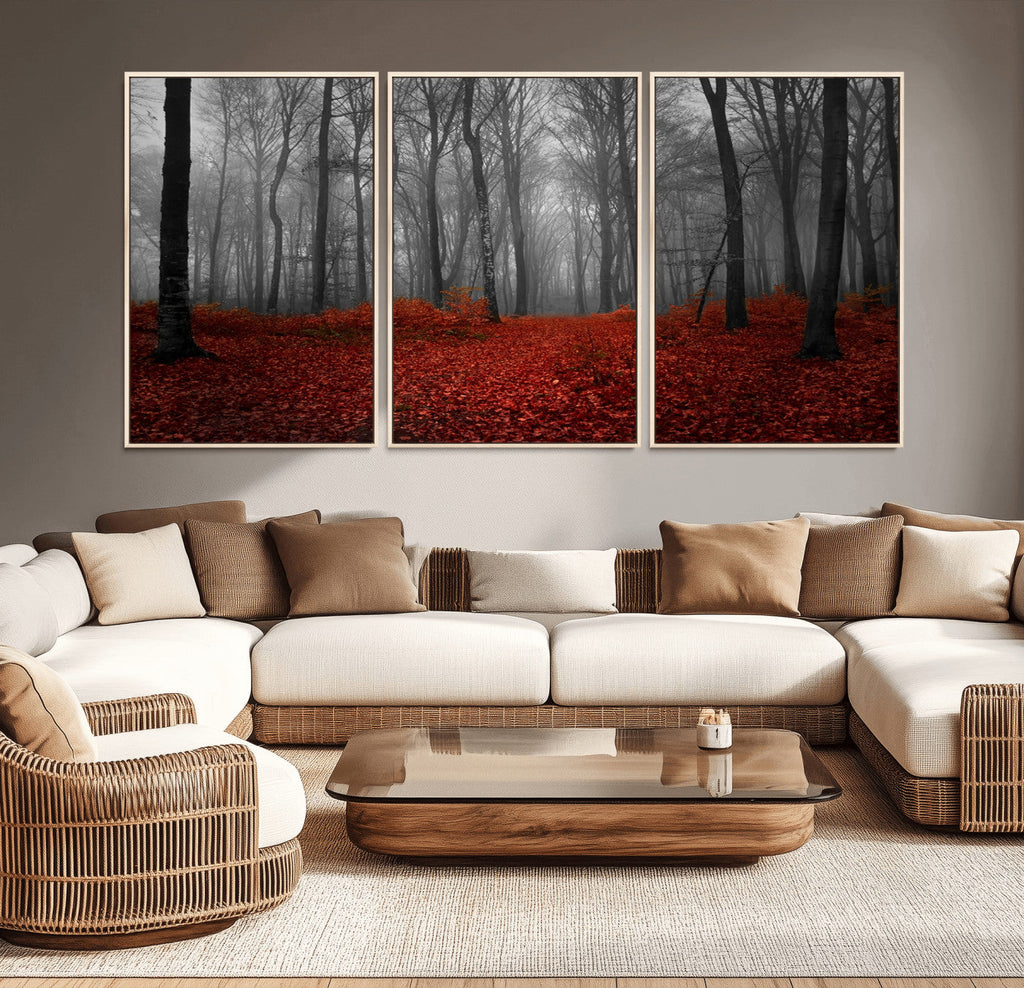 Red Forest Floor Canvas Wall Art | Mystical Foggy Woodland Triptych