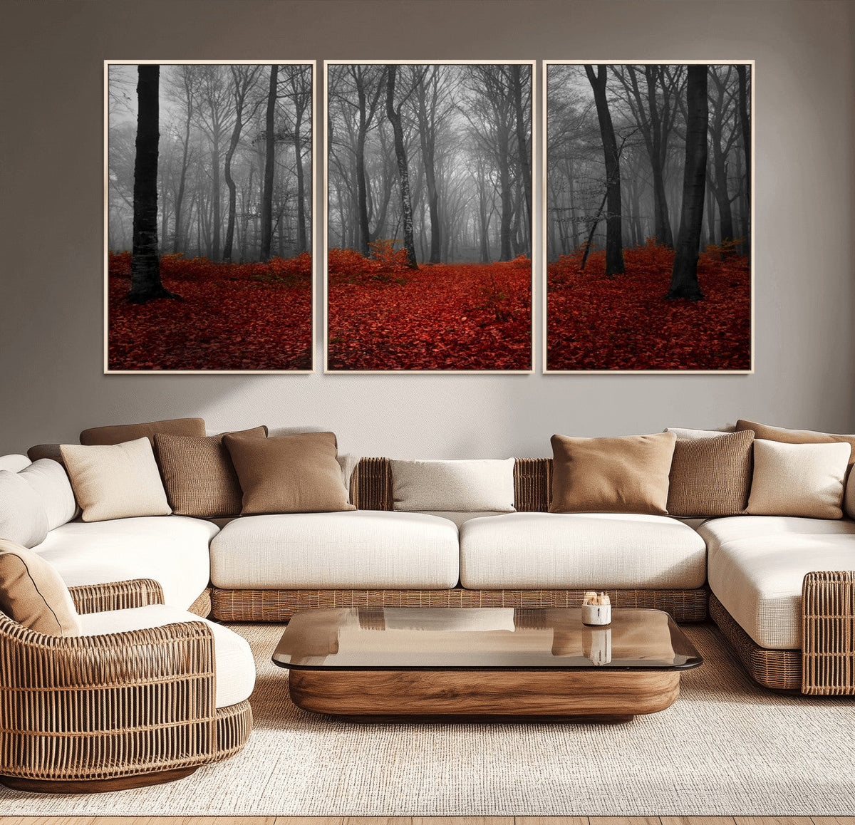 Red Forest Floor Canvas Wall Art | Mystical Foggy Woodland Triptych