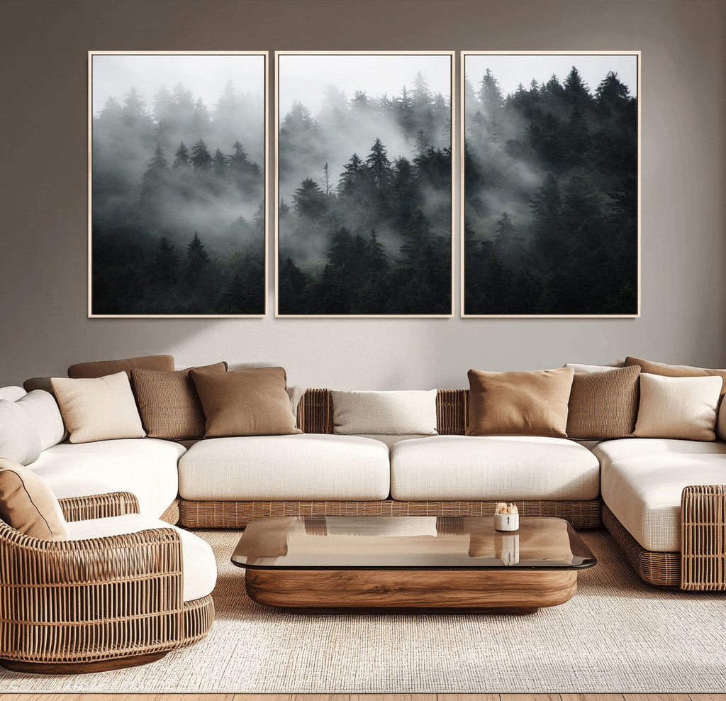 Foggy Forest Wall Art Canvas Print | 3 Panel Large Misty Landscape