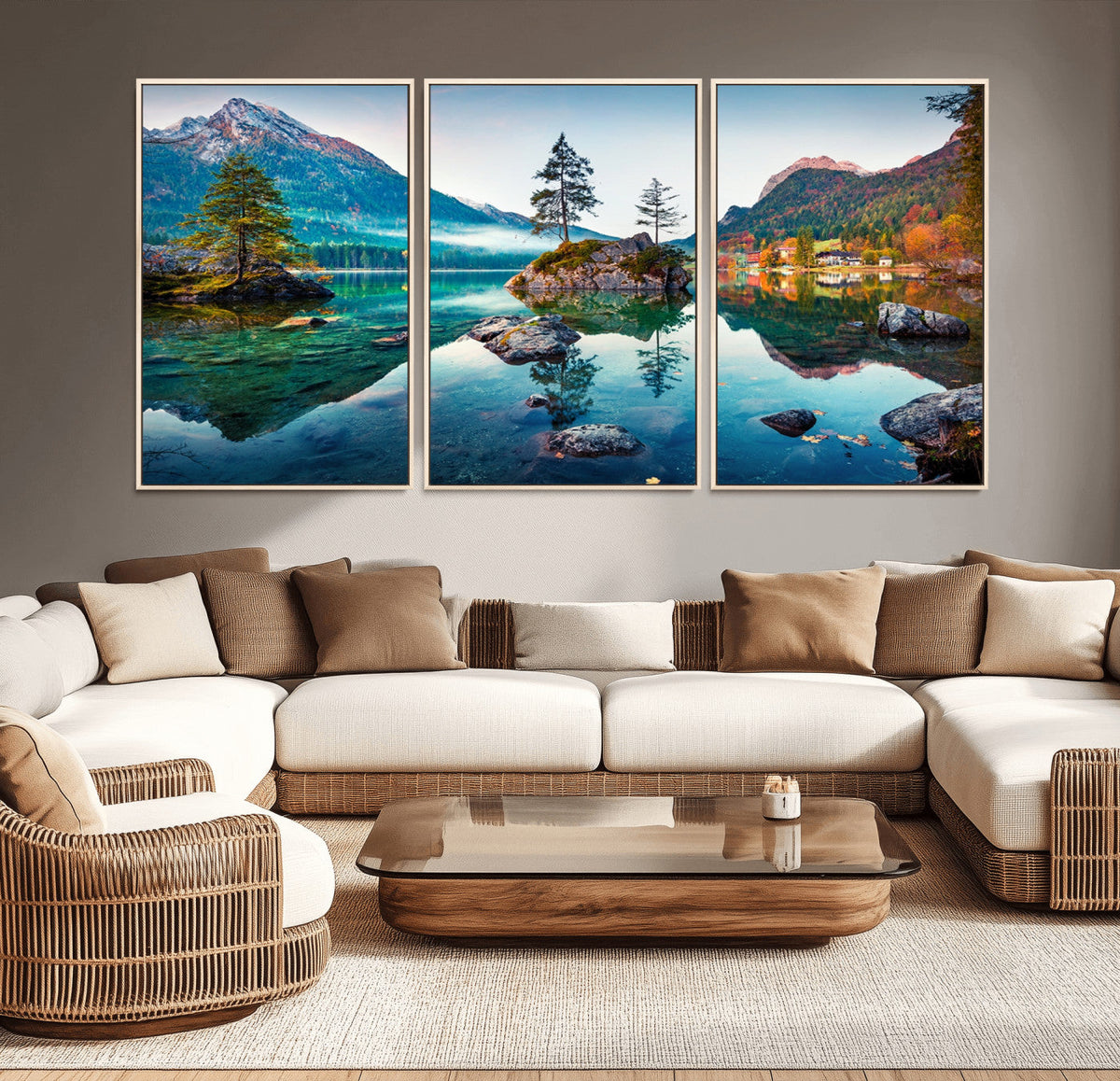 Crystal Clear Lake Wall Art | Mountains Wall Art Canvas | 3 Panel Landscape