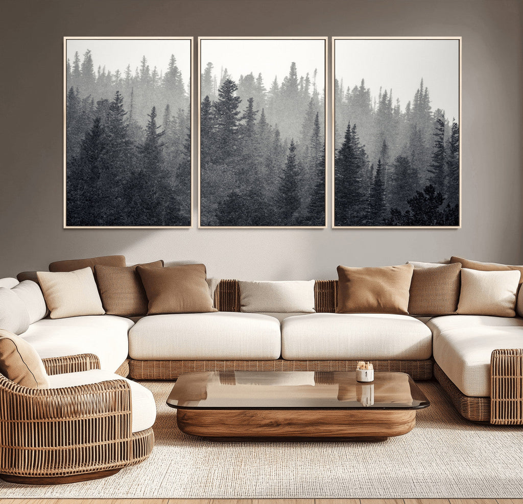 Misty Forest Canvas Wall Art | Monochrome Triptych Pine Tree Print