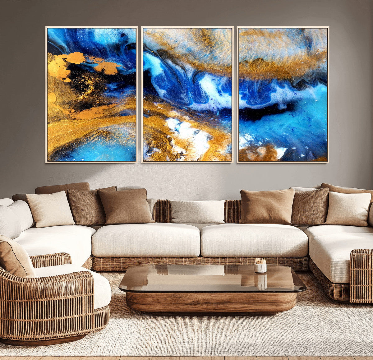 Blue Orange Marble Fluid Effect Canvas Wall Art Print