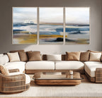 Abstract Landscape Wall Art Canvas | 3 Panel Modern Blue, Gold and White Canvas Art