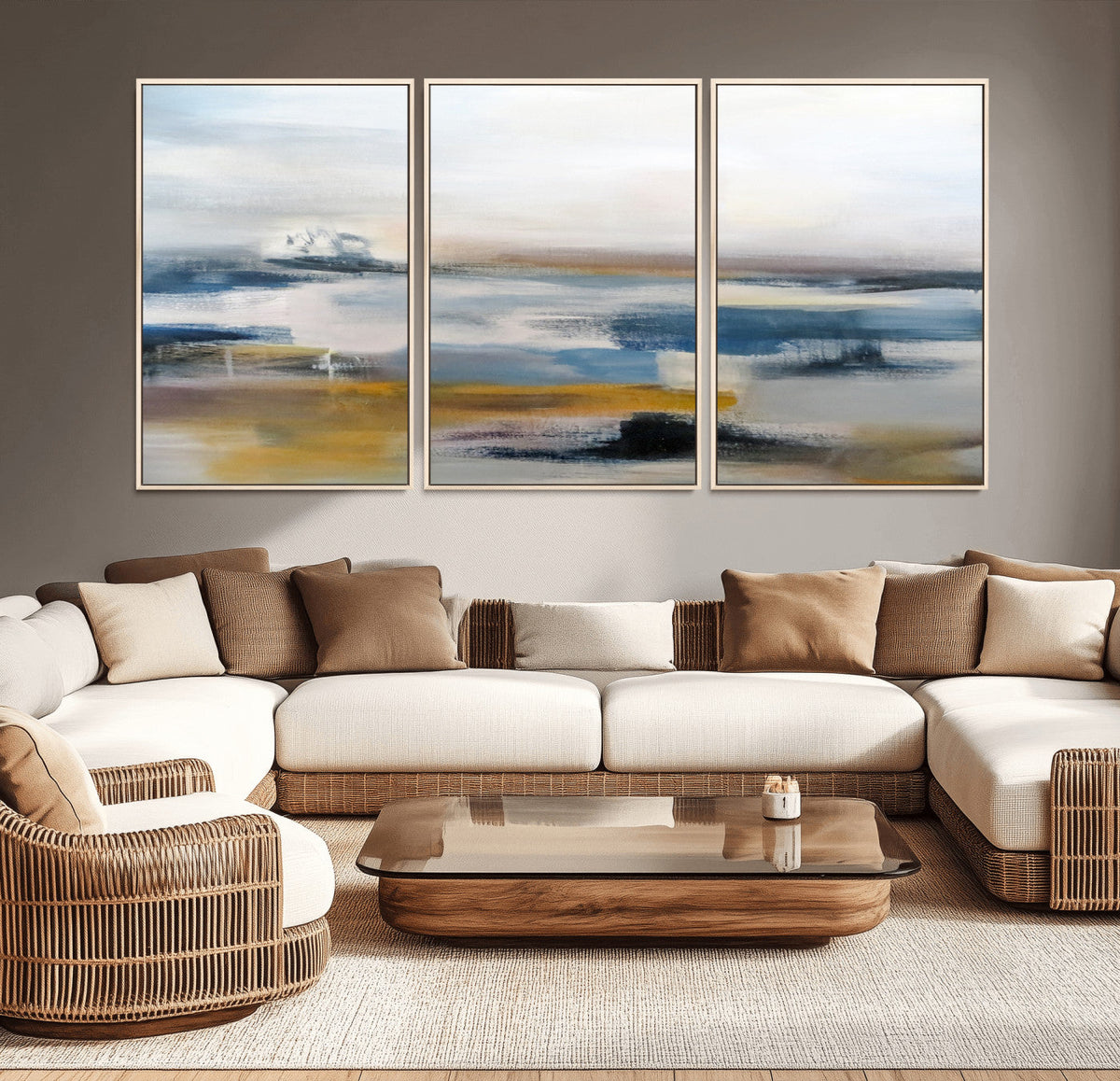 Abstract Landscape Wall Art Canvas | 3 Panel Modern Blue, Gold and White Canvas Art