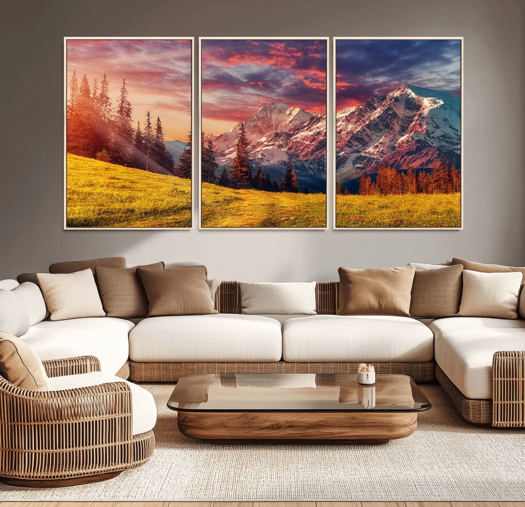 Mountain and Daylight Red Sunset Wall Art Canvas Print