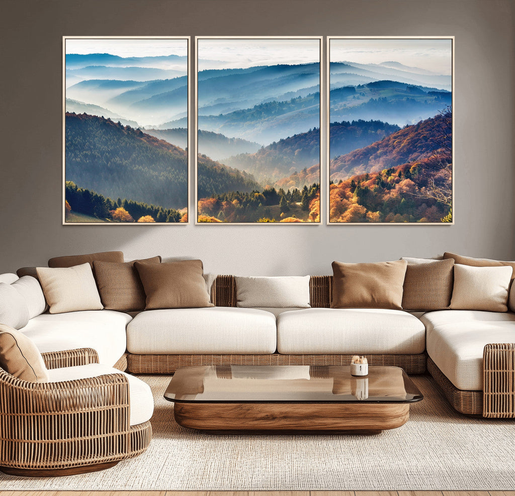 Misty Mountain Sunrise Triptych Canvas Print | Autumn Landscape Wall Art
