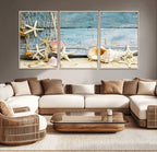 Seashells on Rustic Wooden Background, Seashells Wall Art