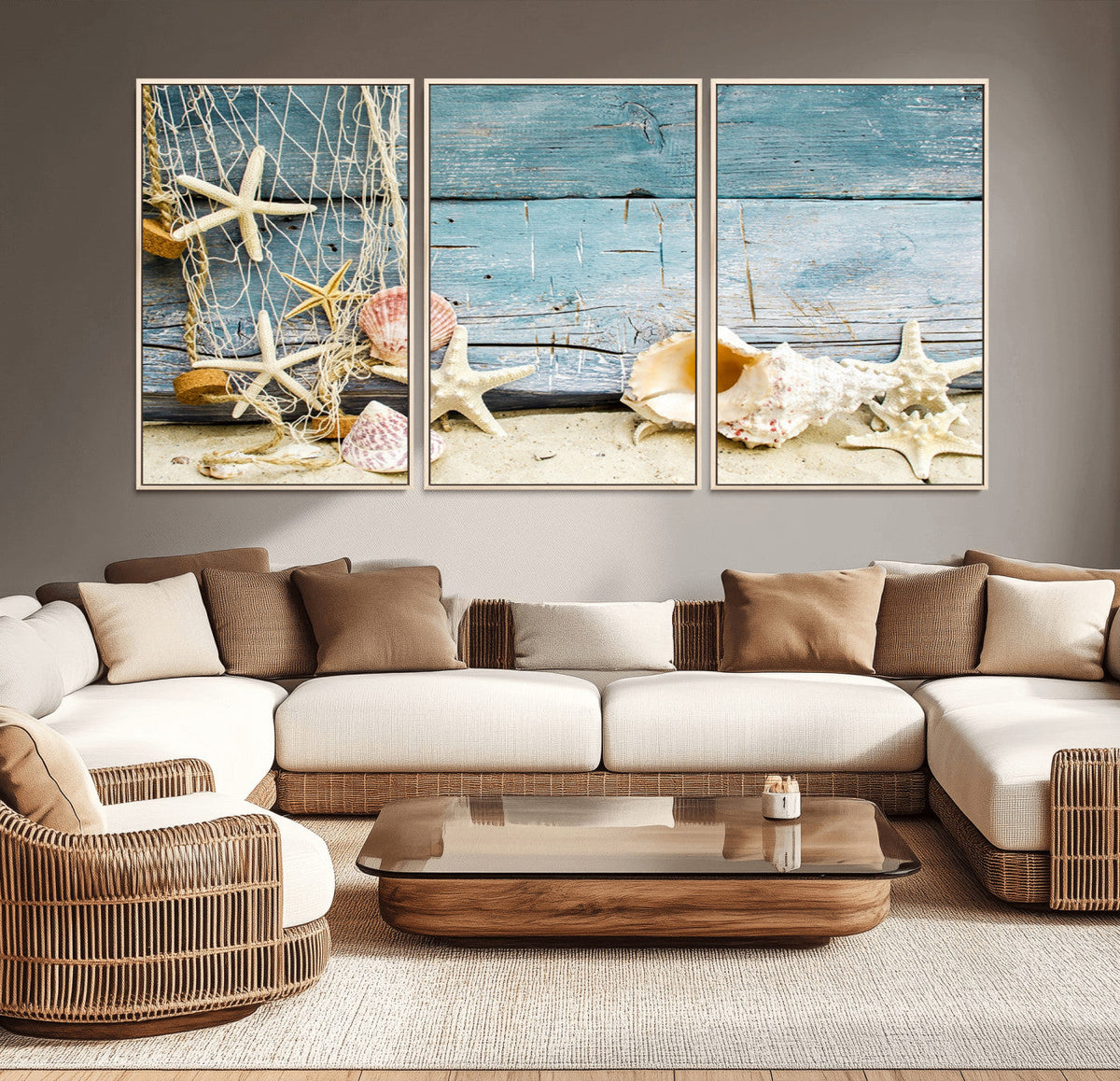 Seashells on Rustic Wooden Background, Seashells Wall Art