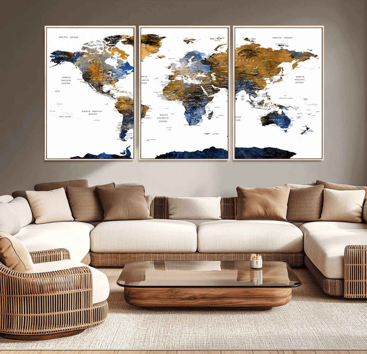 Modern Abstract World Map Canvas Wall Art | Framed Blue and Gold Map Print
