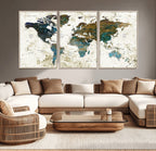 Vintage World Map Wall Art Canvas Print, Framed Rustic Earth Tone Map