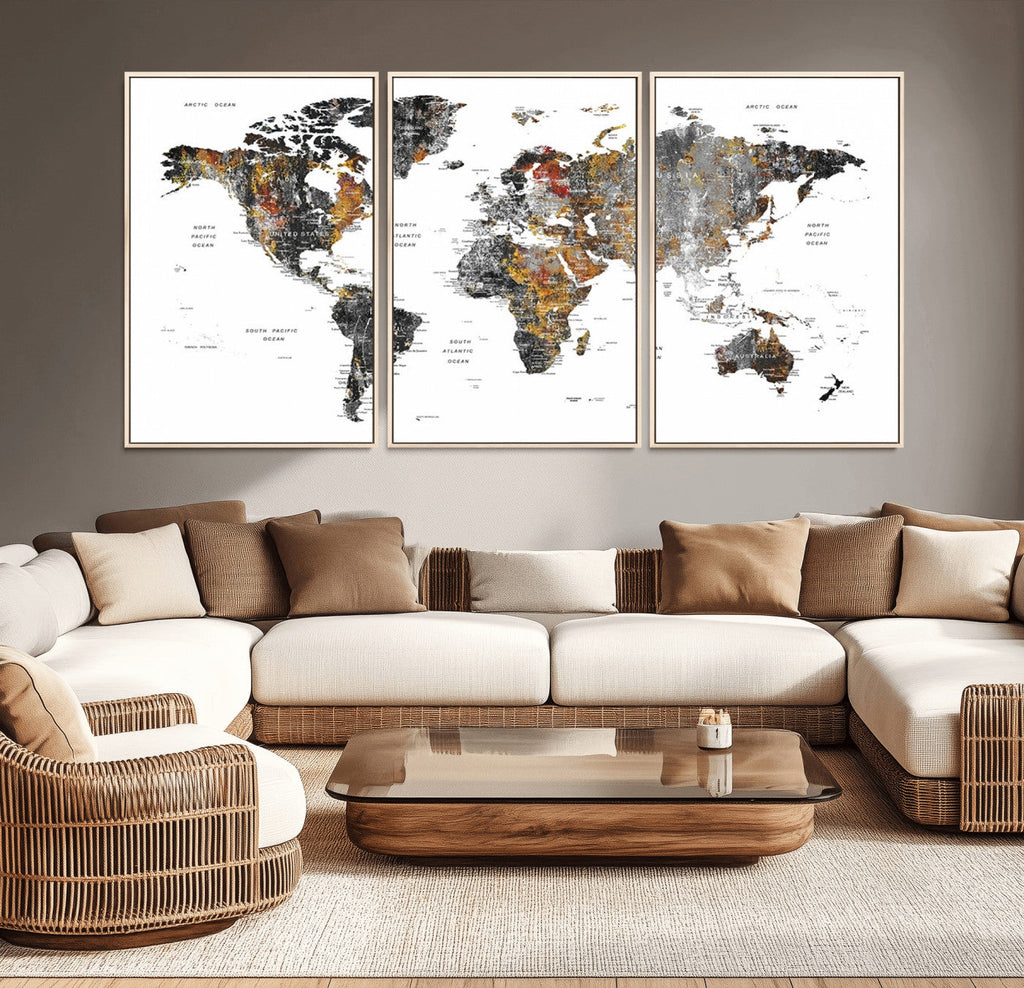 Modern Metallic World Map Canvas Wall Art | Framed Contemporary World Map Print