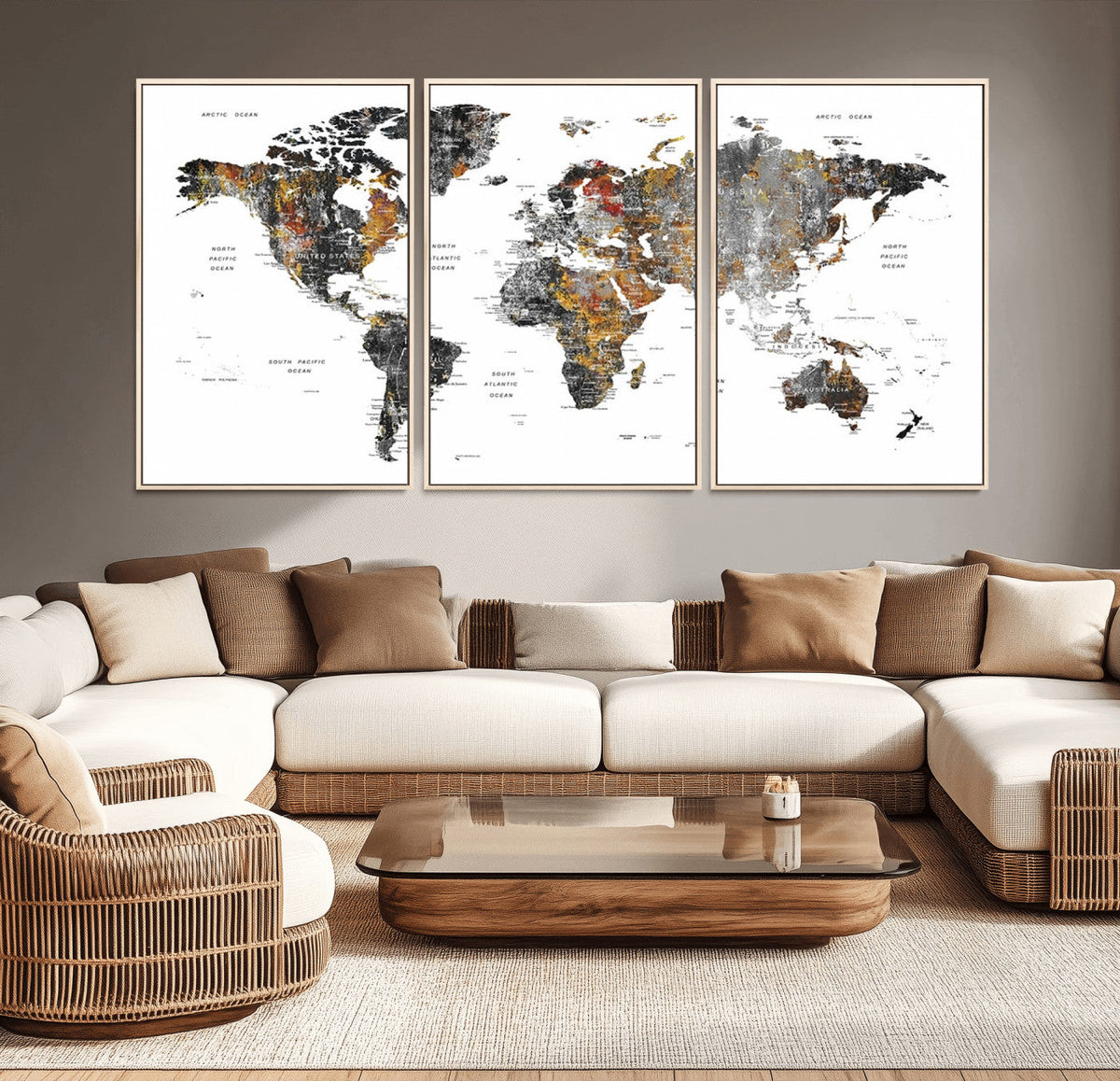 Modern Metallic World Map Canvas Wall Art | Framed Contemporary World Map Print
