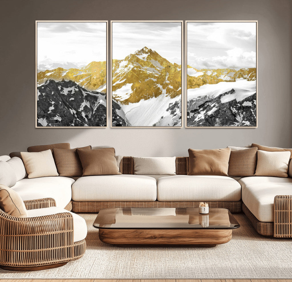 Gold Abstract Mountains Wall Art Print on Canvas, Nature Wall Art Print
