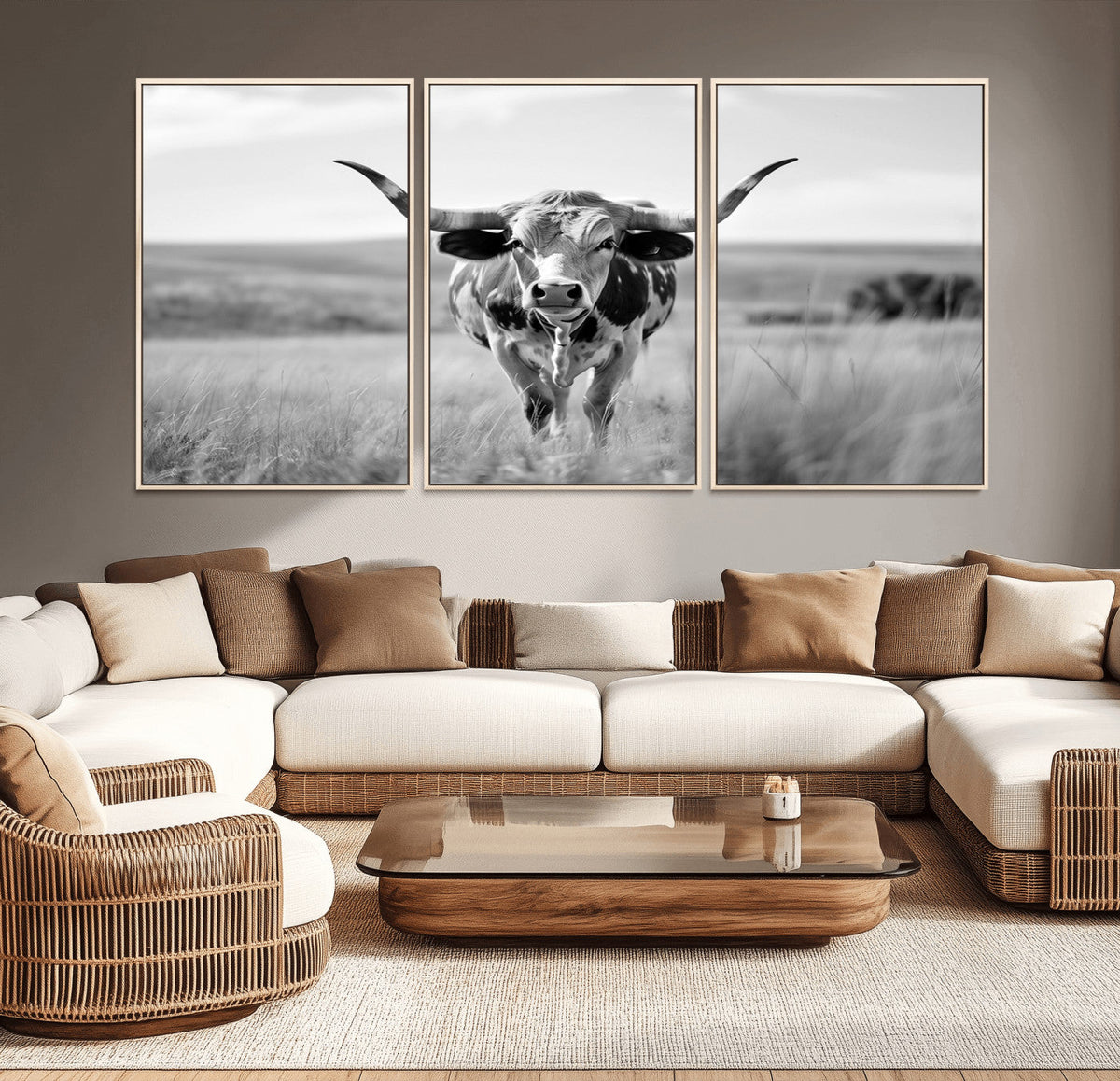 Texas Cow Longhorn Wall Art Canvas Print for Farm House Wall Art, Framed and Ready to Hang