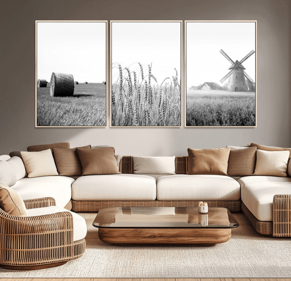 Vintage Farmhouse Black and White Triptych Wall Art, Giclee Canvas with Wheat Fields, Hay Bales and Windmill