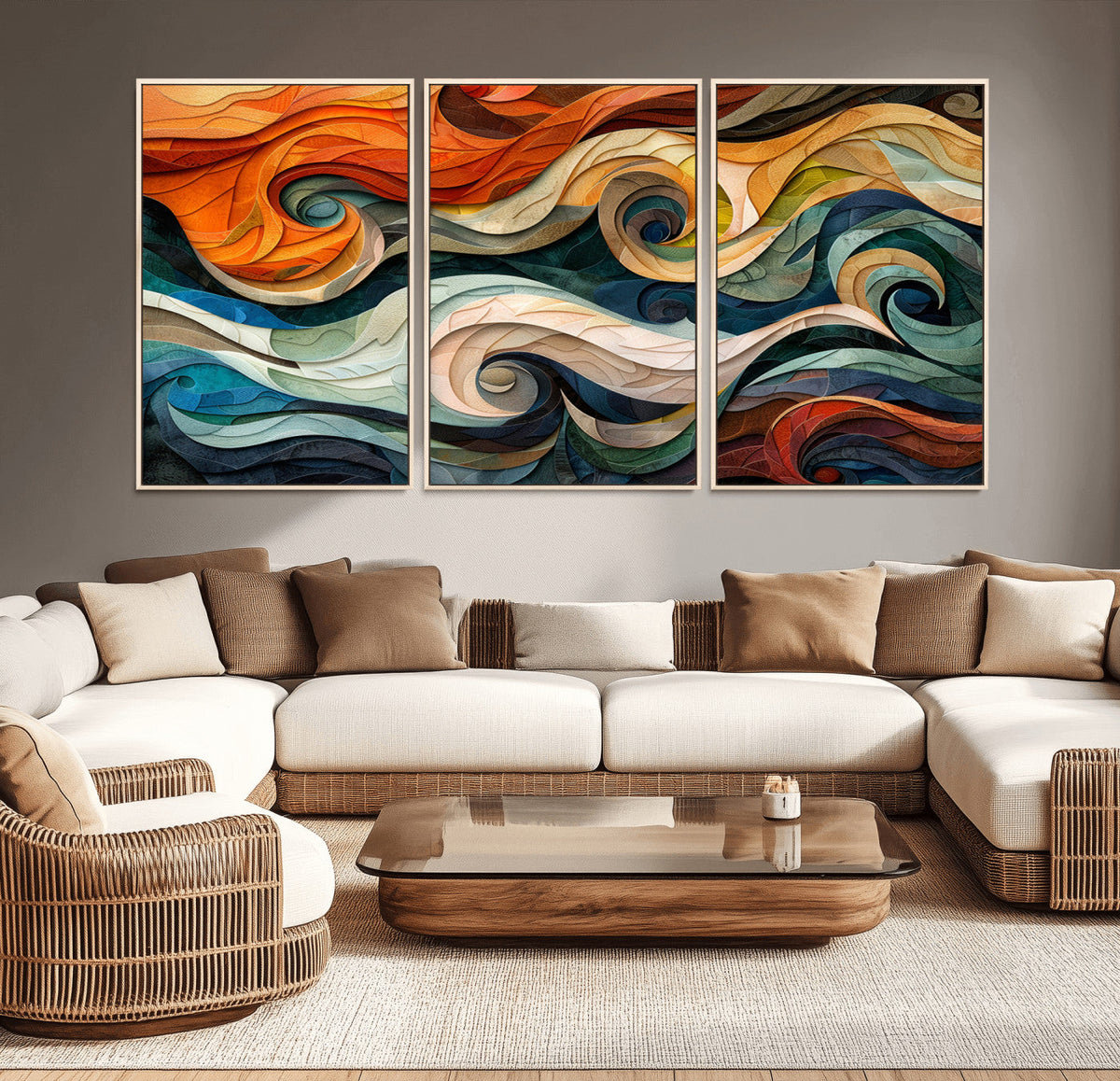 Abstract Wave Wall Art, Ready to Hang Framed Canvas Print | Extra Large 3 Piece Canvas Wall Art