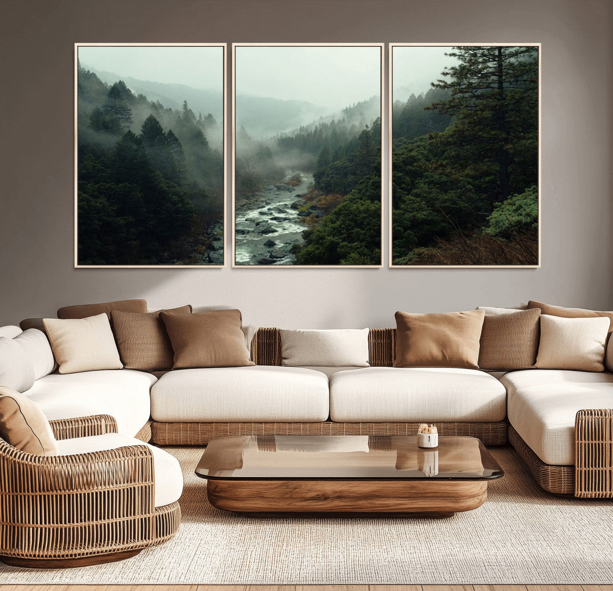 Misty Forest Wall Art, Tranquil Nature Landscape, Ready to Hang | Extra Large 3 Piece Canvas Wall Art