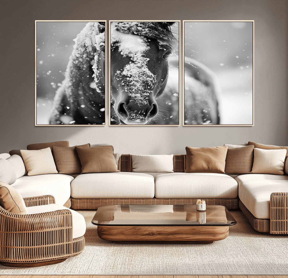 Black and White Horse Winter Wall Art, Ready to Hang