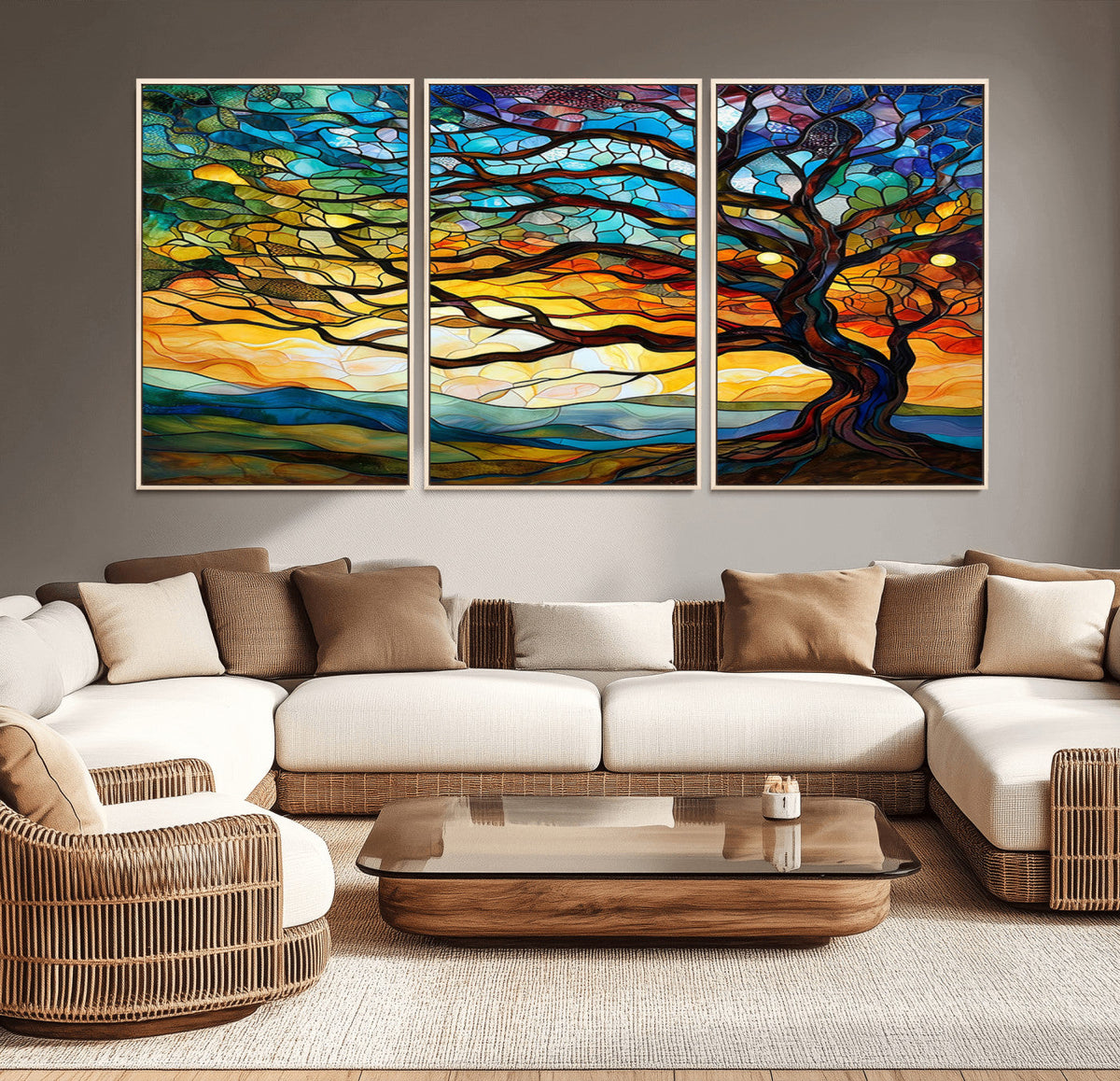 Vibrant Mosaic Tree of Life Wall Art, Stained Glass Style Canvas Print