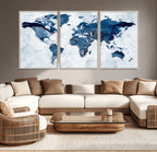 Modern Blue World Map Canvas Print | Elegant Travel Map Wall Art for Home Office