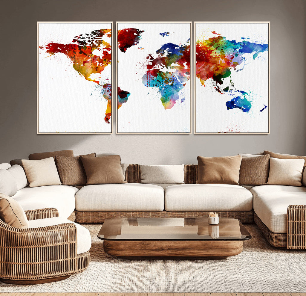 Colorful World Map Canvas Wall Art Print, Contemporary Global Map Artwork