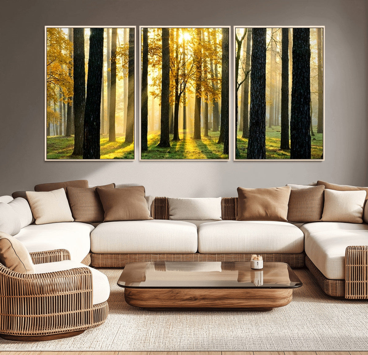 Sunlit Forest Wall Art Canvas Print, Large Framed Woodland Scene with Golden Light
