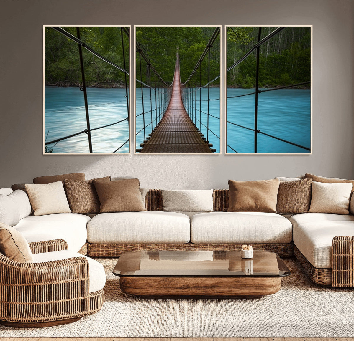 Suspension Bridge Over River Canvas Art | 3-Panel Nature Wall Art