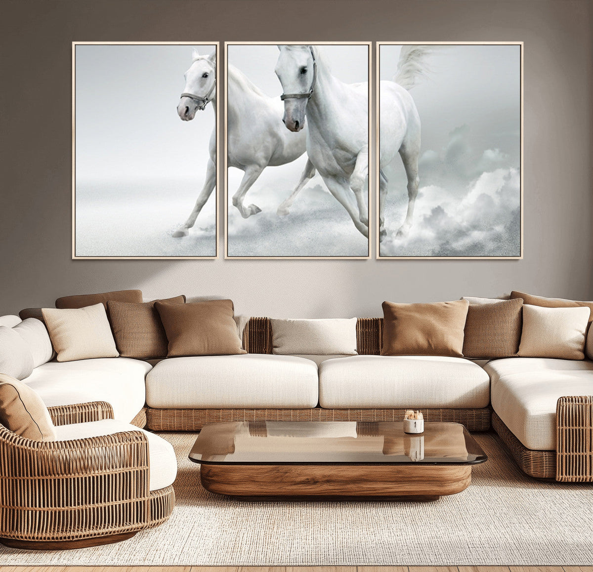 Large Wall Art Canvas Print, Beautiful Running White Horses