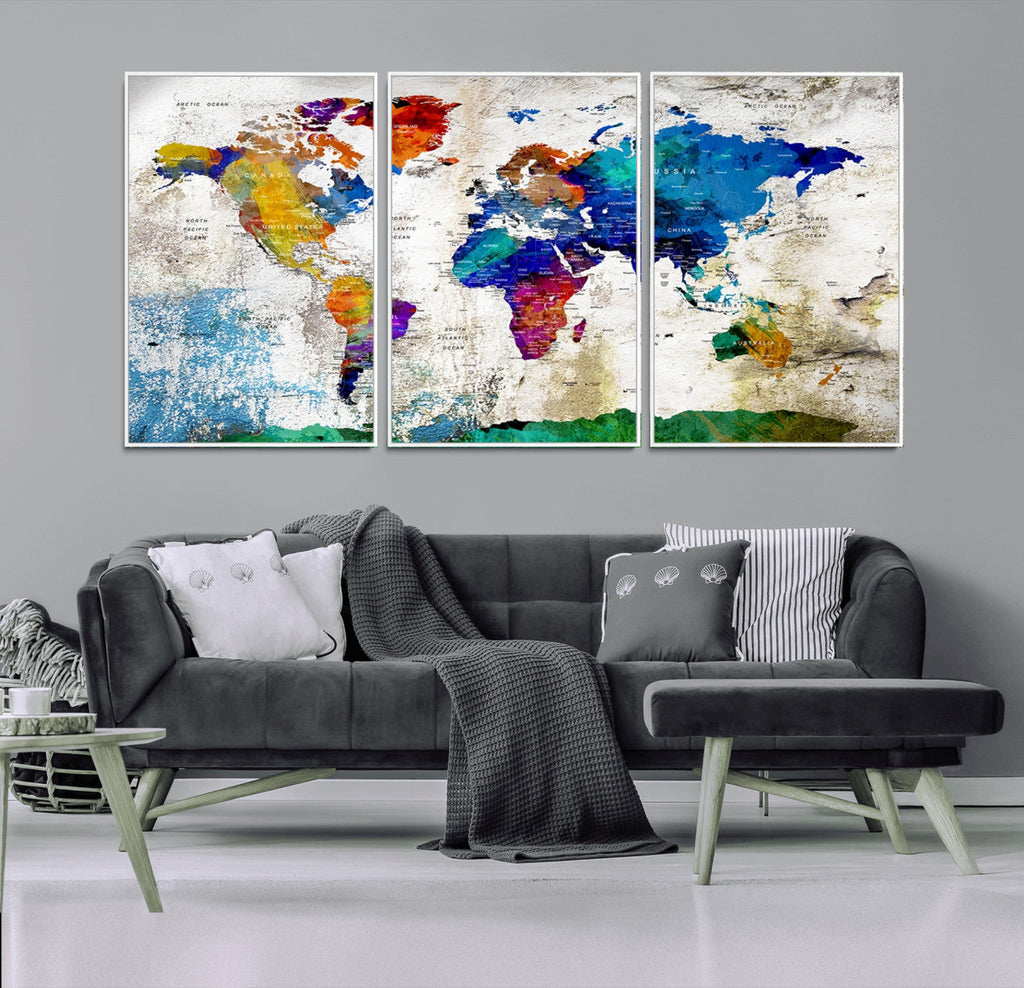 Navy Blue and Orange Watercolor World Map Canvas Print | Framed Travel Map