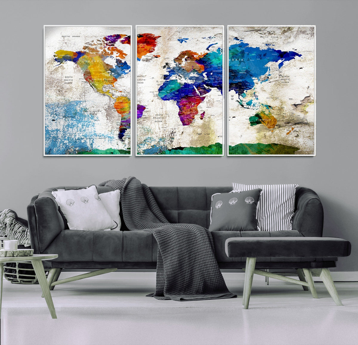 Navy Blue and Orange Watercolor World Map Canvas Print | Framed Travel Map