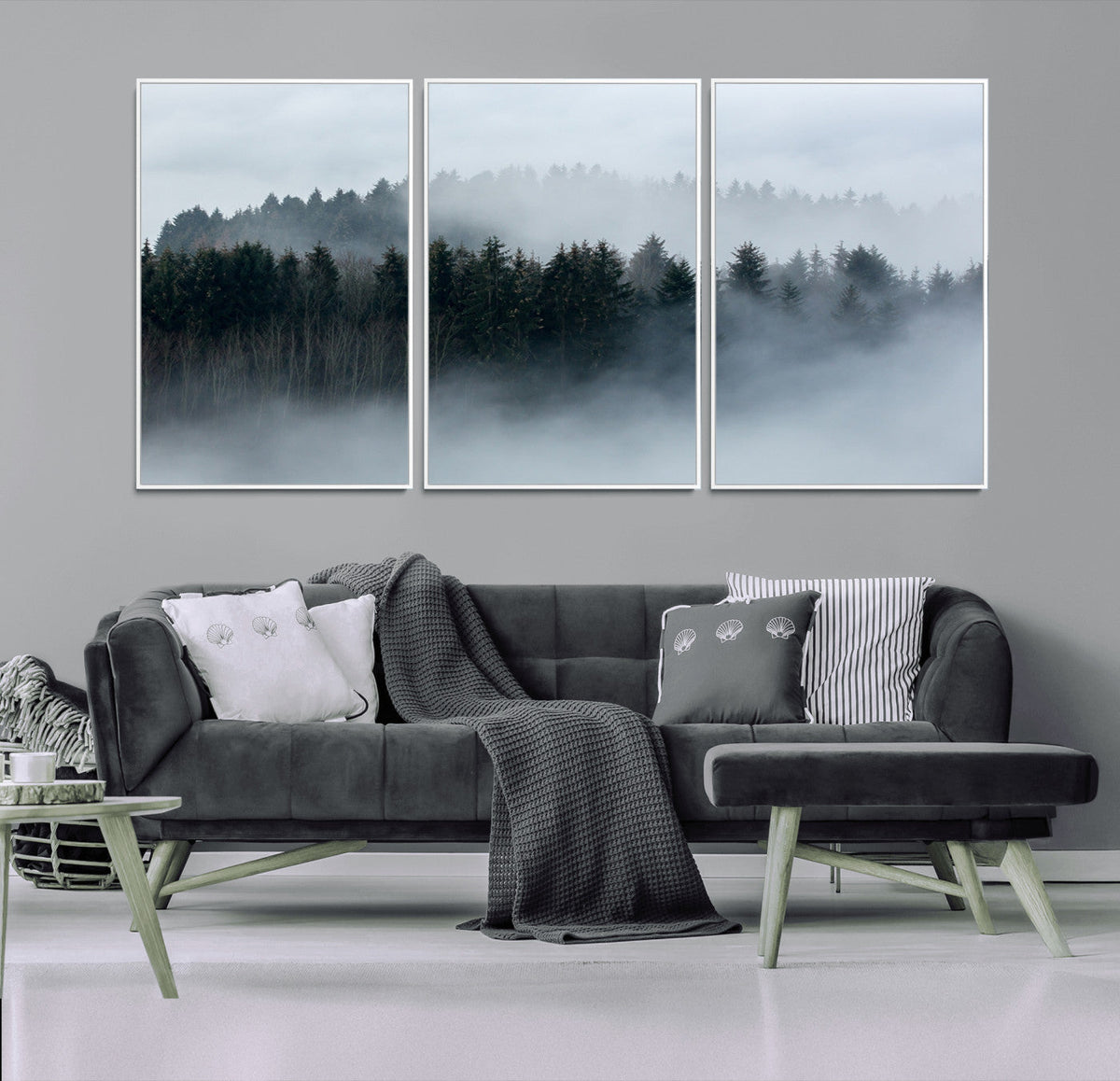 Autumn and Misty Trees in the Forest Wall Art Canvas Print, Foggy Forest Mountain Wall Art