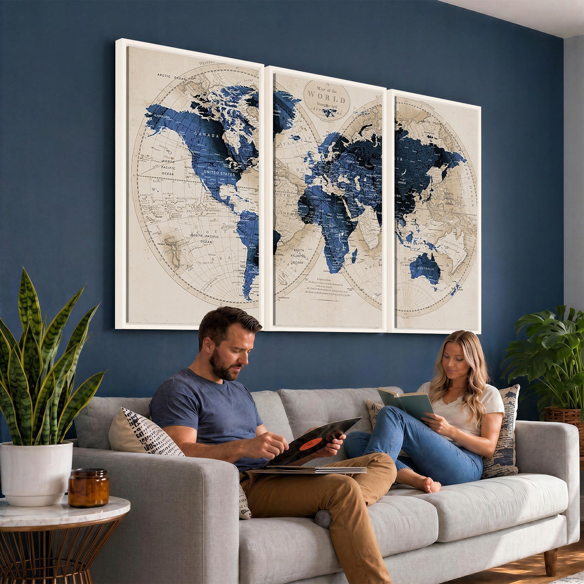 Vintage Blue World Map Canvas Wall Art | Antique Style Framed Map Print