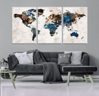 Abstract Earth Tone Blue World Map Canvas Print | Framed Travel Map Wall Art
