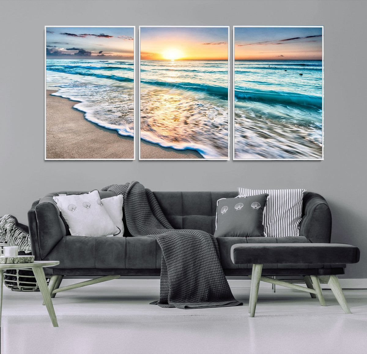 Sunset Beach Waves Canvas Wall Art | Ocean Sunset Coastal Print