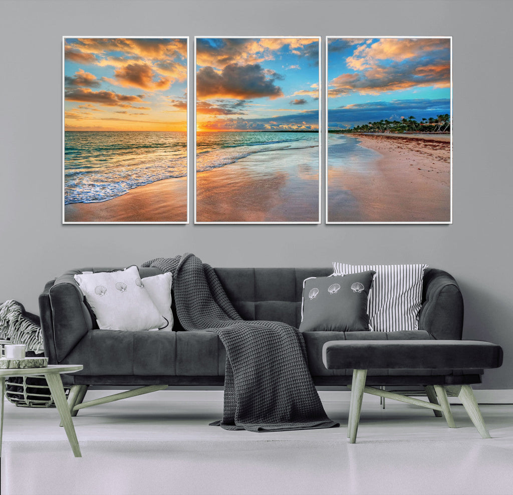 Sunset Beach Canvas Wall Art | Tropical Triptych Seascape Print